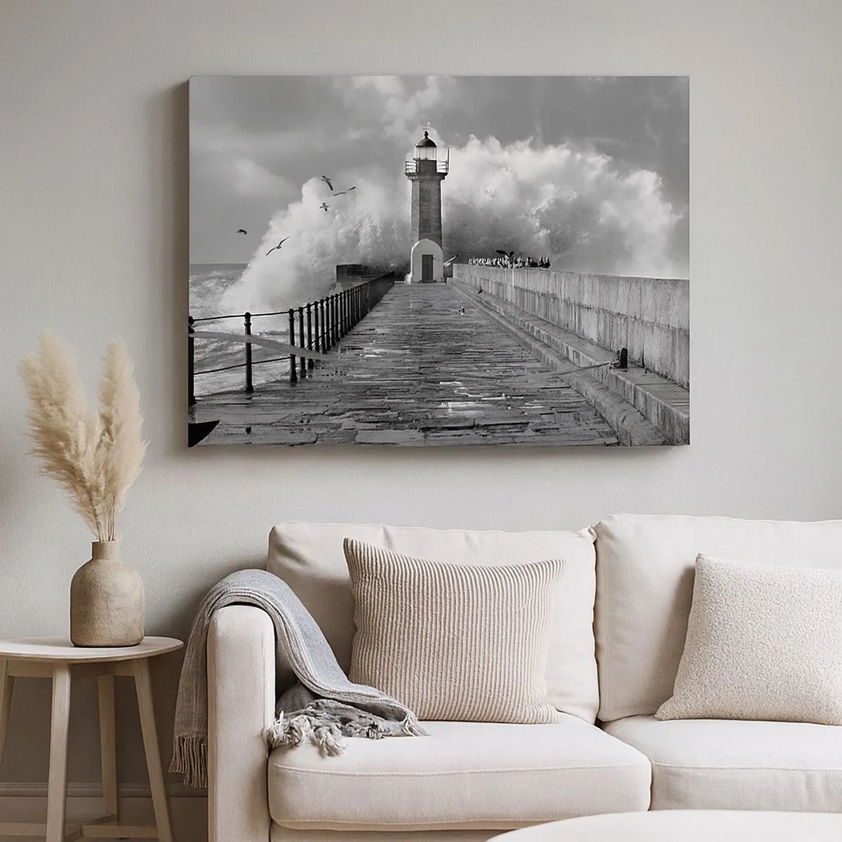 Impression sur toile - Image sur toile - Un phare entouré de vagues pendant une tempête - 70x50cm - Sans peur - Décoration murale moderne pour le salon et la chambre ARTTOR