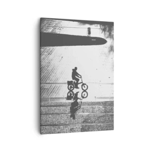 Impression sur toile - Image sur toile - Silhouette noire et blanche d'un cycliste sur une rue mouillée - 50x70cm - Devant moi, à travers la ville - Décoration murale moderne pour le salon et la chambre ARTTOR