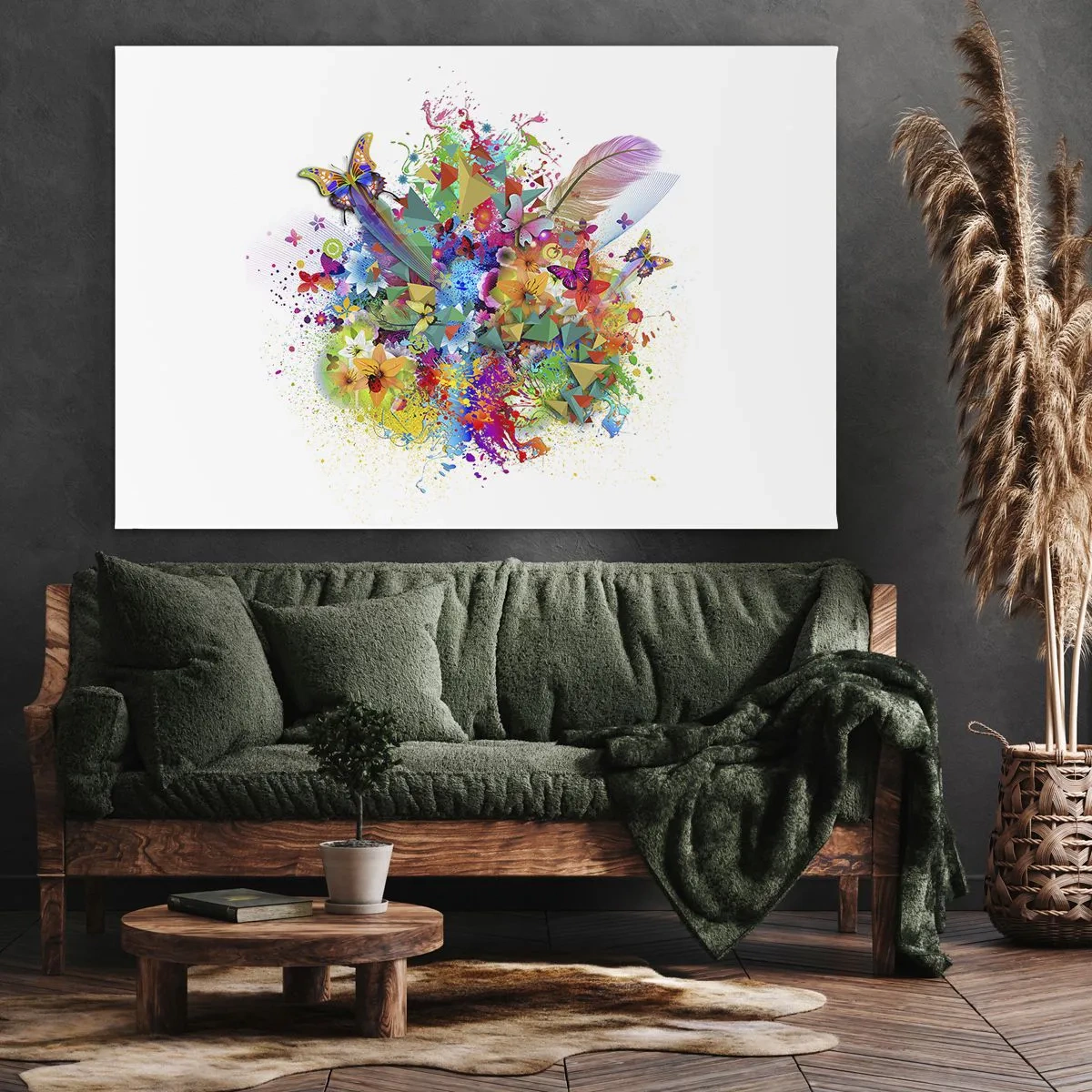 Impression sur toile - Image sur toile - Motif coloré avec des fleurs et des papillons - 70x50cm - Un bouquet de joie - Décoration murale moderne pour le salon et la chambre ARTTOR