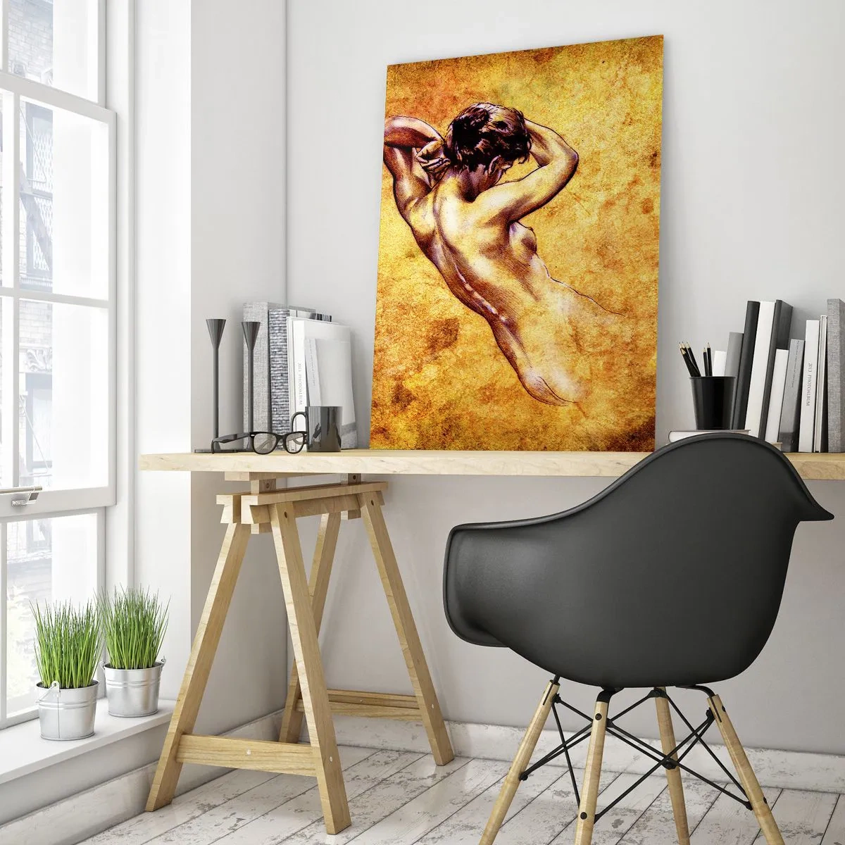 Impression sur verre - Image sur verre - Nu féminin artistique sur fond doré dans un style classique - 70x100cm - Découverte, mais toujours mystèrieuse - Décoration murale moderne pour le salon et la chambre ARTTOR