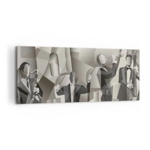 Impression sur toile - Image sur toile - Scène abstraite avec des musiciens de jazz dans des tons de gris. - 120x50cm - Dans l'espace des sons - Décoration murale moderne pour le salon et la chambre ARTTOR