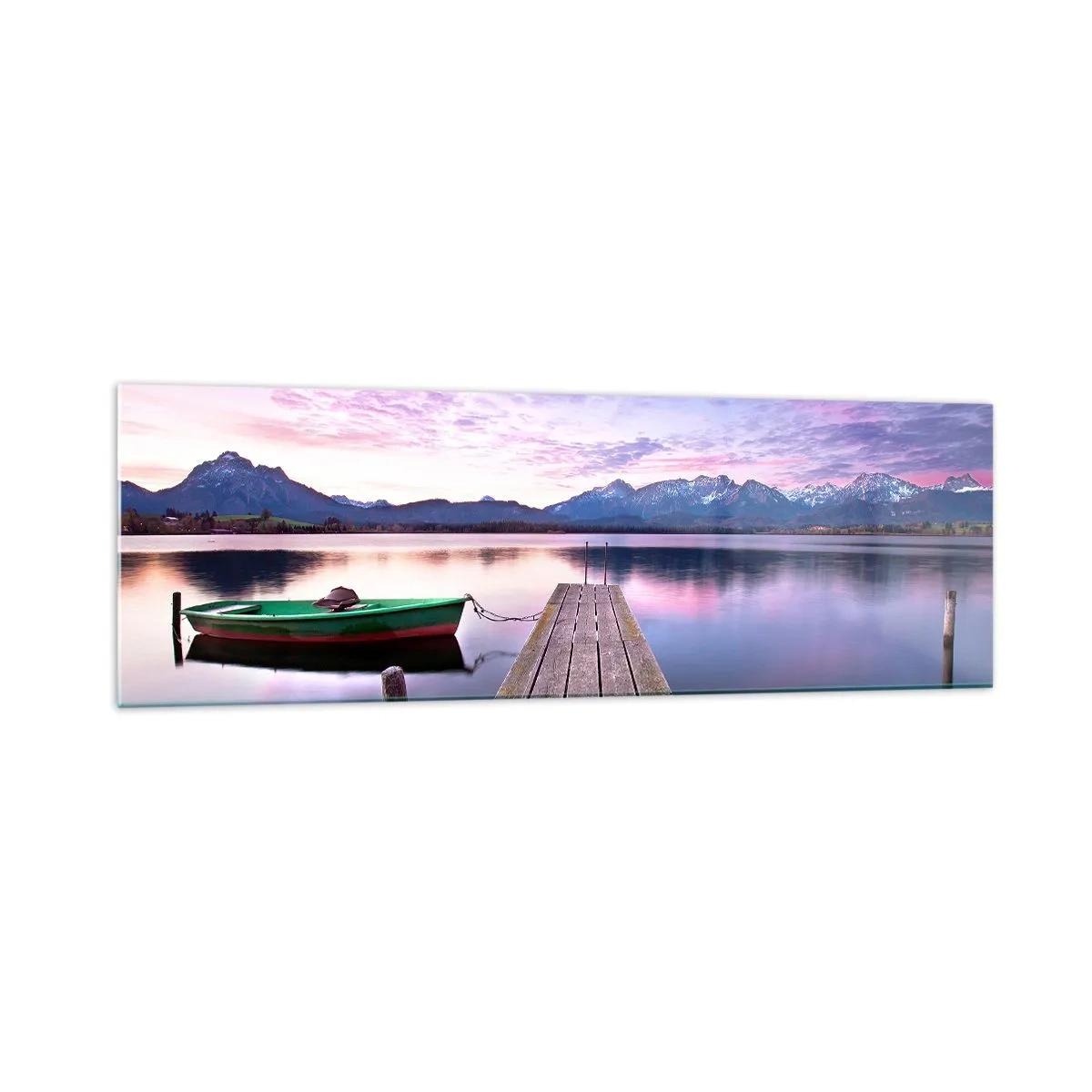 Impression sur verre - Image sur verre - Une jetée en bois avec un bateau sur un lac entouré de montagnes au coucher du soleil - 160x50cm - Silence amical - Décoration murale moderne pour le salon et la chambre ARTTOR