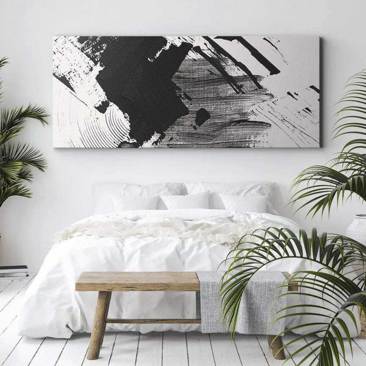 Impression sur toile - Image sur toile - Traits abstraits de noir sur fond blanc - 140x50cm - Abstraction – expression du noir - Décoration murale moderne pour le salon et la chambre ARTTOR