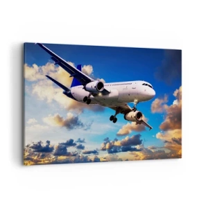 Impression sur toile - Image sur toile - Un avion de ligne contre les nuages au coucher du soleil - 120x80cm - Un voyage en blanc et bleu ciel - Décoration murale moderne pour le salon et la chambre ARTTOR