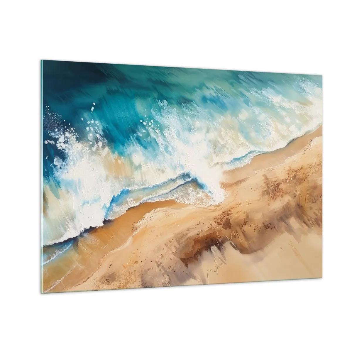 Impression sur verre - Image sur verre - Vue aérienne d'une vague bleue s'écrasant sur un rivage sablonneux - 100x70cm - La vague qui revient - Décoration murale moderne pour le salon et la chambre ARTTOR