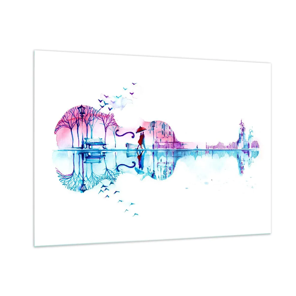 Impression sur verre - Image sur verre - Un paysage en forme de guitare dans un style aquarelle - 100x70cm - Je vous apporterai de cantiques de pluie - Décoration murale moderne pour le salon et la chambre ARTTOR