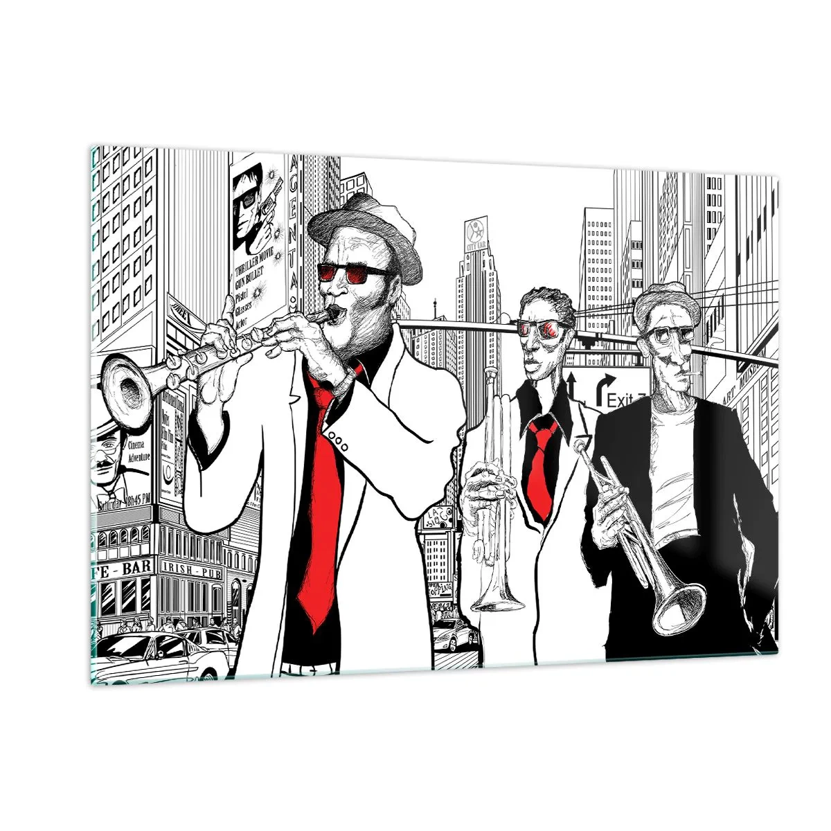 Impression sur verre - Image sur verre - Un groupe de jazz de rue au style graphique moderne. - 120x80cm - Rhapsodie urbaine en noir et rouge - Décoration murale moderne pour le salon et la chambre ARTTOR
