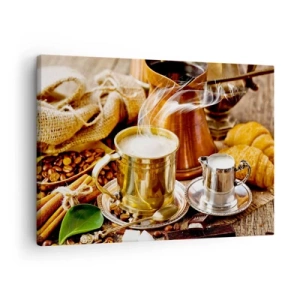 Impression sur toile - Image sur toile - Une tasse de café dorée entourée de grains, de cruches et de croissants - 70x50cm - Bonne journée! - Décoration murale moderne pour le salon et la chambre ARTTOR