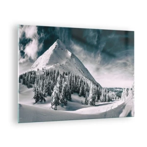 Impression sur verre - Image sur verre - Paysage de montagne hivernal avec des sommets enneigés et une forêt - 70x50cm - Le pays de la neige et de la glace - Décoration murale moderne pour le salon et la chambre ARTTOR