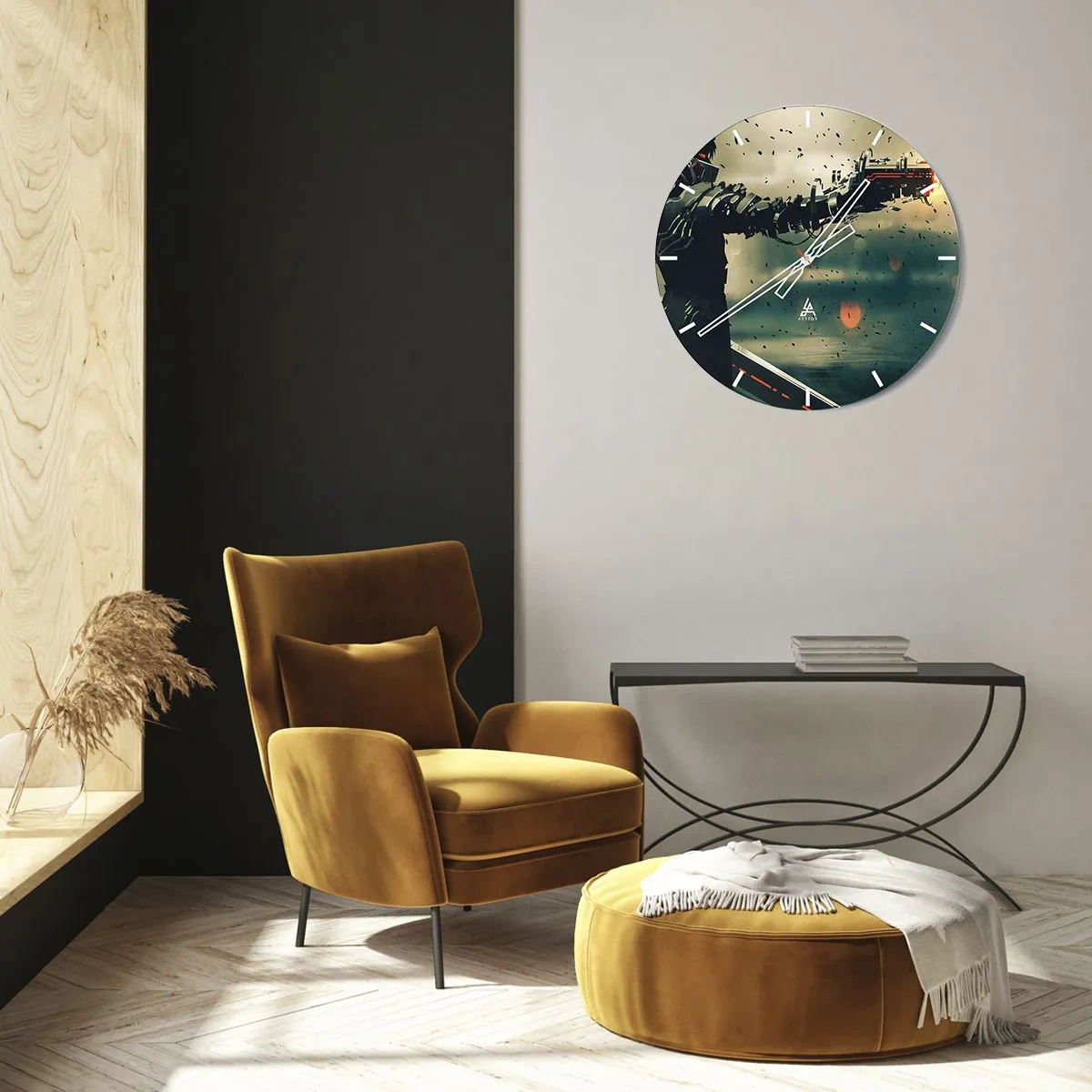 Horloge murale - Pendule murale - Un personnage futuriste avec une arme cybernétique dans un décor dynamique. - 30x30cm - L'arme fatale - Votre propre Terminator - Décoration murale moderne pour le salon, la cuisine et la chambre ARTTOR