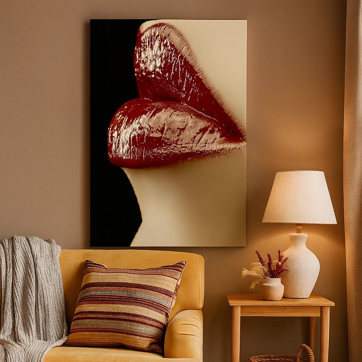 Impression sur toile - Image sur toile - Lèvres rouges et rouge à lèvres sur fond noir - 50x70cm - Sensualité et brillance du carmin - Décoration murale moderne pour le salon et la chambre ARTTOR