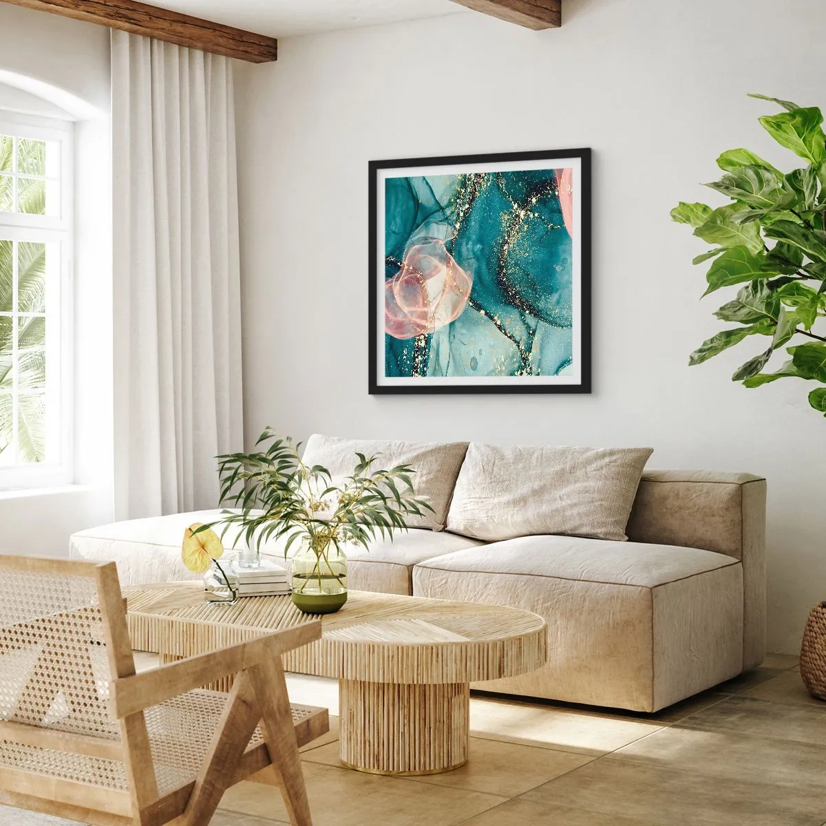 Affiche dans un cadre noir - Poster - Soie bleu, tulle rose - 30x30 cm