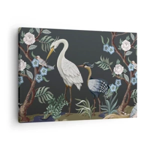 Impression sur toile - Image sur toile - Oiseaux et plantes peints sur un fond sombre avec un motif élégant - 70x50cm - Parade d'oiseaux - Décoration murale moderne pour le salon et la chambre ARTTOR