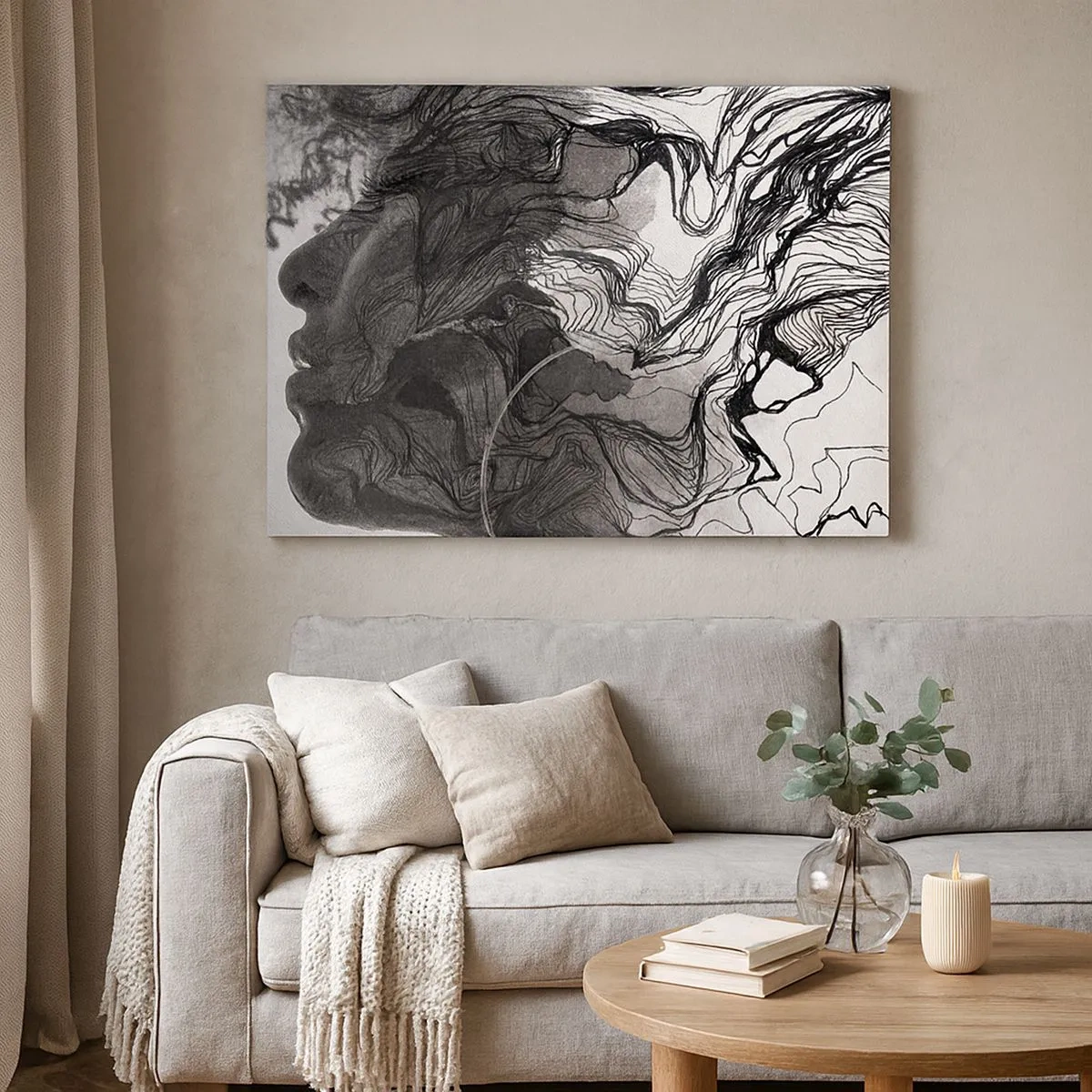 Impression sur toile - Image sur toile - Visage abstrait en noir et blanc avec des lignes dynamiques. - 70x50cm - Emmêlé dans les rêves - Décoration murale moderne pour le salon et la chambre ARTTOR