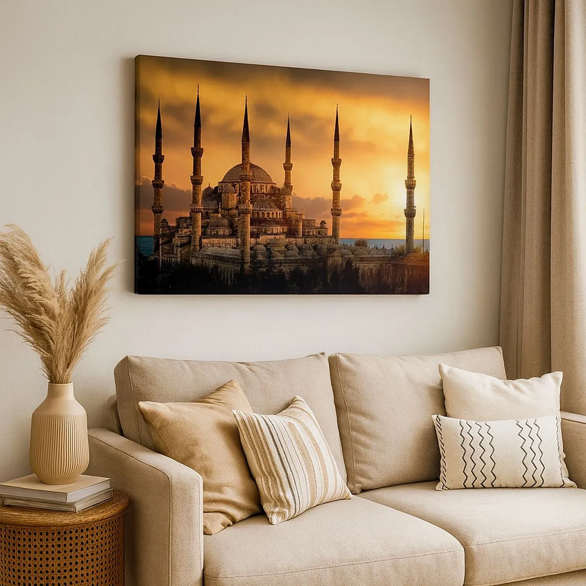 Impression sur toile - Image sur toile - La mosquée au coucher du soleil aux couleurs chaudes - 70x50cm - Dieu est grand - Décoration murale moderne pour le salon et la chambre ARTTOR