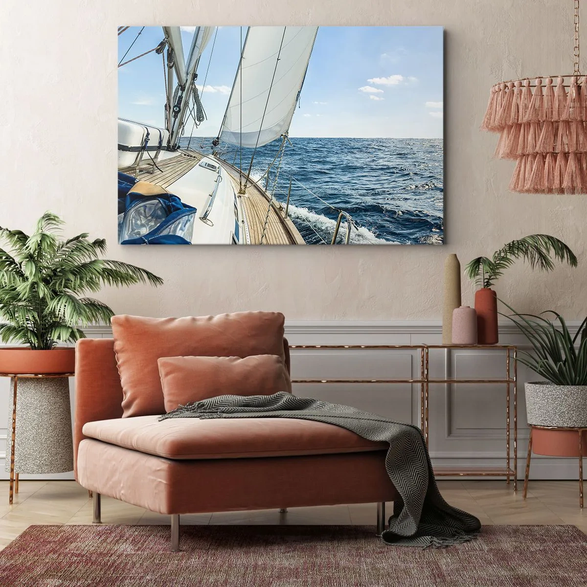 Impression sur toile - Image sur toile - Un voilier sur une mer calme sous un ciel bleu - 70x50cm - Ohé, l'aventure - Décoration murale moderne pour le salon et la chambre ARTTOR