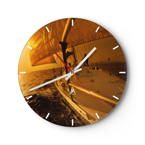 Horloge murale - Pendule murale - Un voilier sur une mer calme dans une lumière chaude - 30x30cm - Une soirée en por après une journée haute en couleurs - Décoration murale moderne pour le salon, la cuisine et la chambre ARTTOR