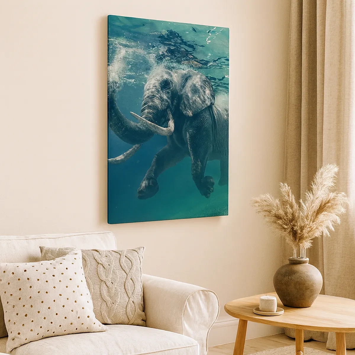 Impression sur toile - Image sur toile - Un éléphant nageant sous l'eau dans les profondeurs turquoise - 50x70cm - Tout le monde aime nager - Décoration murale moderne pour le salon et la chambre ARTTOR
