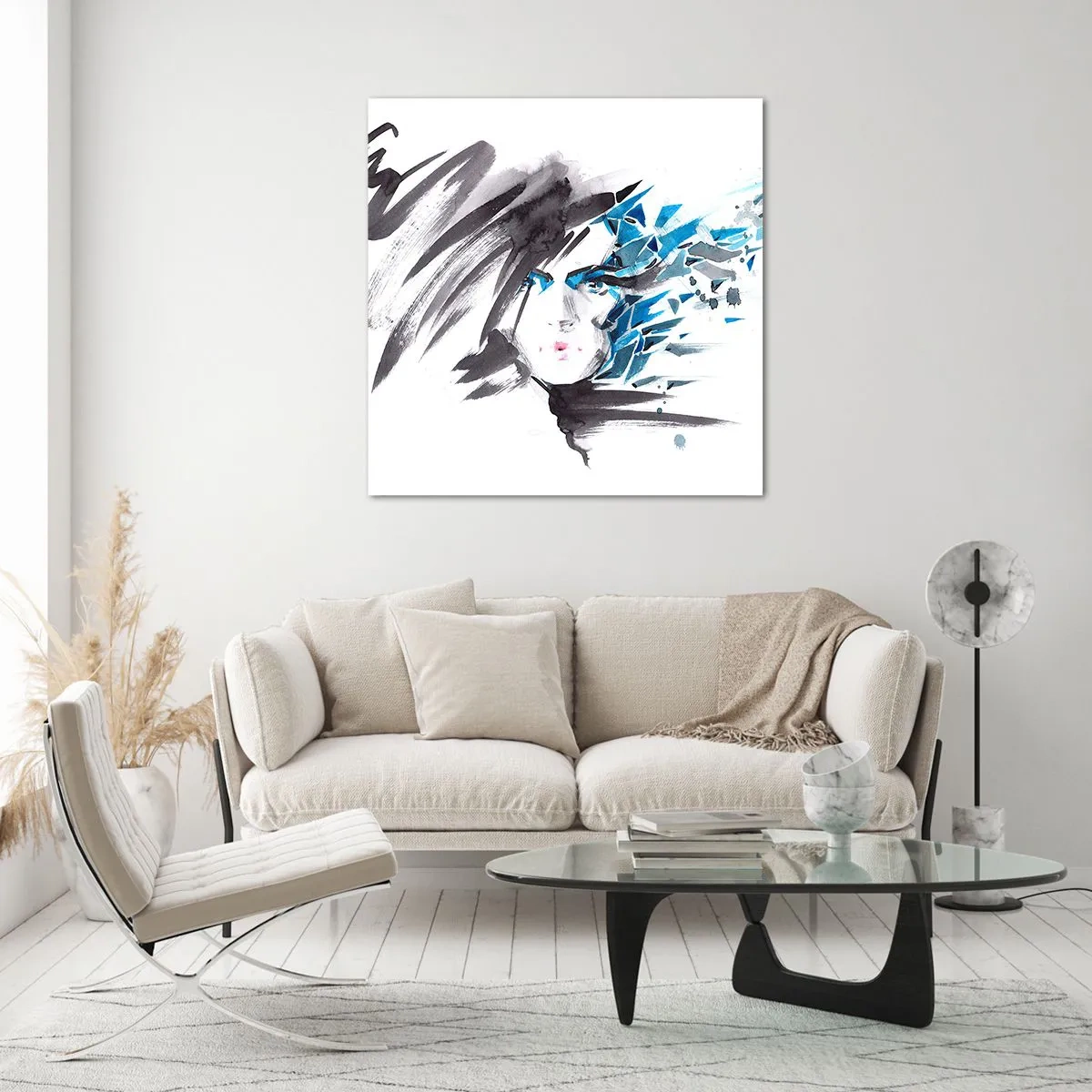 Impression sur verre - Image sur verre - Portrait sensuel en gris et bleu - 50x50 cm