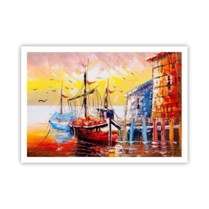 Affiche - Poster - Port pittoresque au coucher du soleil avec des bateaux de pêche - 100x70cm - Bon retour - Décoration murale moderne pour le salon et la chambre ARTTOR