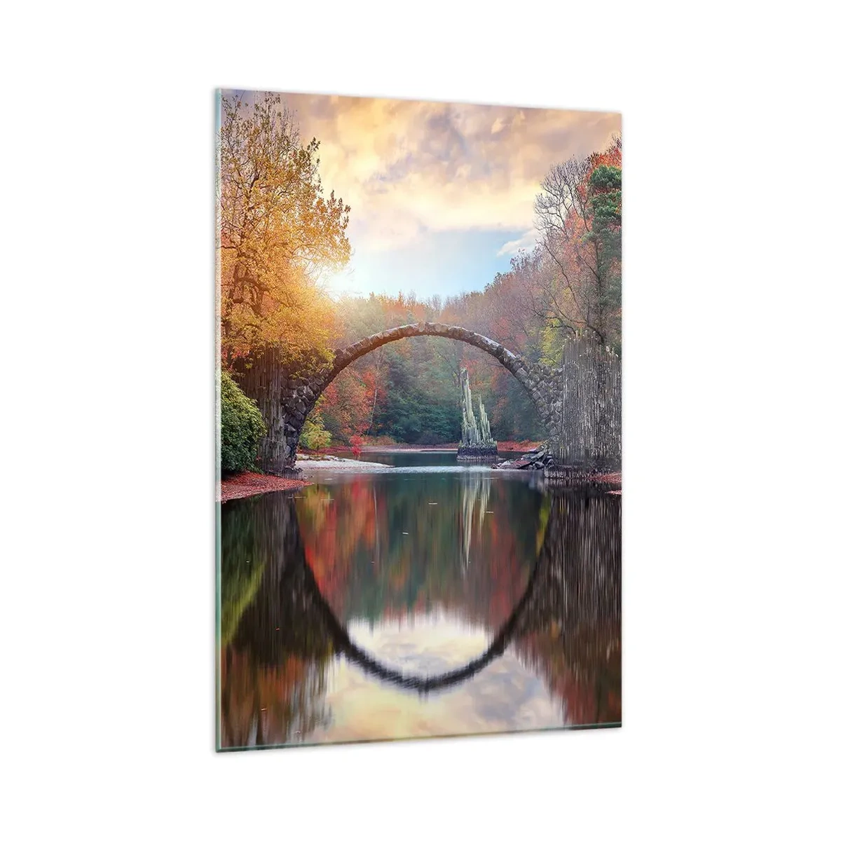 Impression sur verre - Image sur verre - Un pont de pierre dans un paysage d'automne sur une eau calme - 80x120cm - De l'autre cote du miroir - Décoration murale moderne pour le salon et la chambre ARTTOR
