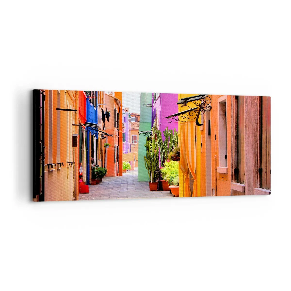 Impression sur toile - Image sur toile - Une rue colorée avec des immeubles aux tons clairs - 120x50cm - Allée arc-en-ciel - Décoration murale moderne pour le salon et la chambre ARTTOR
