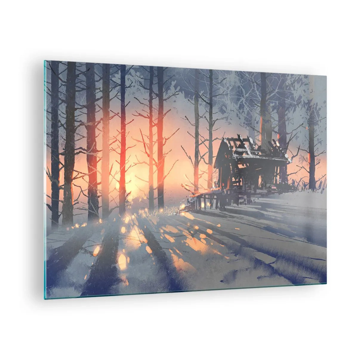 Impression sur verre - Image sur verre - Forêt d'hiver au coucher du soleil avec un chalet en arrière-plan - 70x50cm - Seul le soleil regarde ici - Décoration murale moderne pour le salon et la chambre ARTTOR