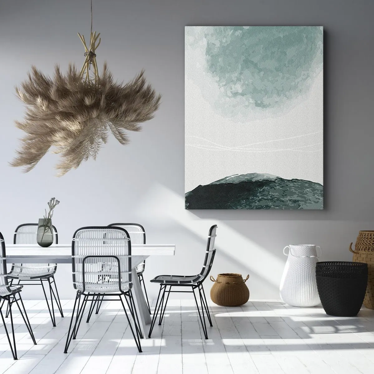 Impression sur toile - Image sur toile - Une délicate composition abstraite dans des tons de vert avec des formes subtiles sur un fond clair. - 70x100cm - Rencontre avec le brouillard - Décoration murale moderne pour le salon et la chambre ARTTOR