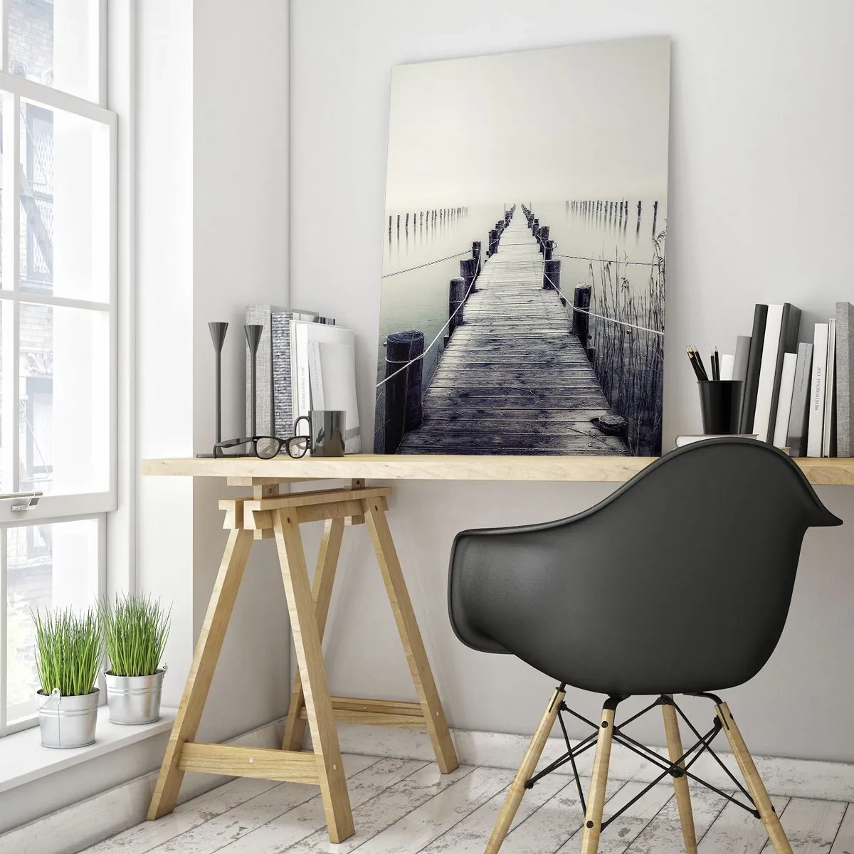Impression sur verre - Image sur verre - Un pont en bois mène aux profondeurs d'un lac calme dans le brouillard. - 50x70cm - Plongez dans la paix - Décoration murale moderne pour le salon et la chambre ARTTOR