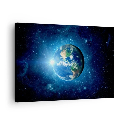 Impression sur toile - Image sur toile - La Terre dans l'espace entourée d'étoiles et de lumière - 70x50cm - Nous sommes au paradis - Décoration murale moderne pour le salon et la chambre ARTTOR