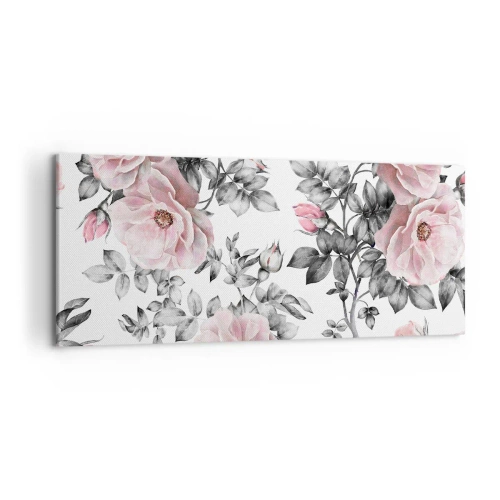 Impression sur toile - Image sur toile - Roses roses et feuilles sur un délicat fond noir et blanc - 120x50cm - Se perdre dans les fleurs des roses - Décoration murale moderne pour le salon et la chambre ARTTOR