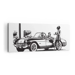 Impression sur toile - Image sur toile - Une scène rétro en noir et blanc avec une voiture et une serveuse en patins à roulettes. - 120x50cm - 60's - Amérique insouciante - Décoration murale moderne pour le salon et la chambre ARTTOR