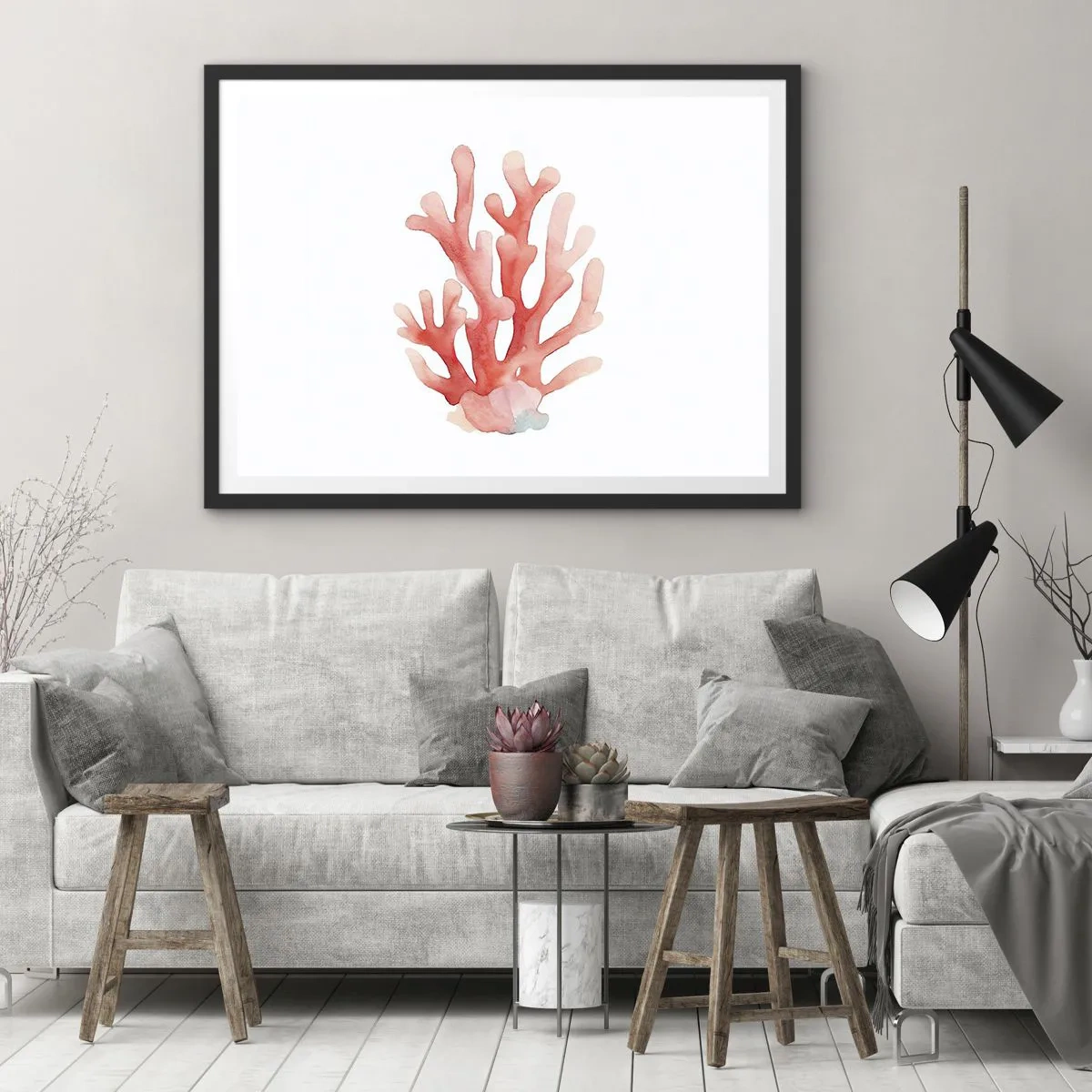 Affiche dans un cadre noir - Poster - Une illustration subtile de corail dans des tons pastel - 70x50cm - Corail couleur corail - Décoration murale moderne pour le salon et la chambre ARTTOR
