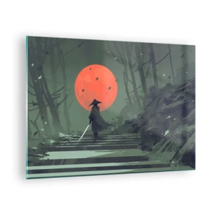 Impression sur verre - Image sur verre - Un guerrier solitaire avec une épée dans la forêt sur fond de lune rouge. - 70x50cm - Guerrier de la lune rouge - Décoration murale moderne pour le salon et la chambre ARTTOR