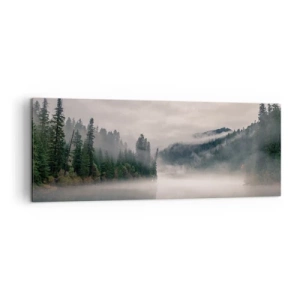 Impression sur toile - Image sur toile - Une forêt brumeuse se reflétant dans un lac calme - 140x50cm - Reflet dans le brouillard - Décoration murale moderne pour le salon et la chambre ARTTOR