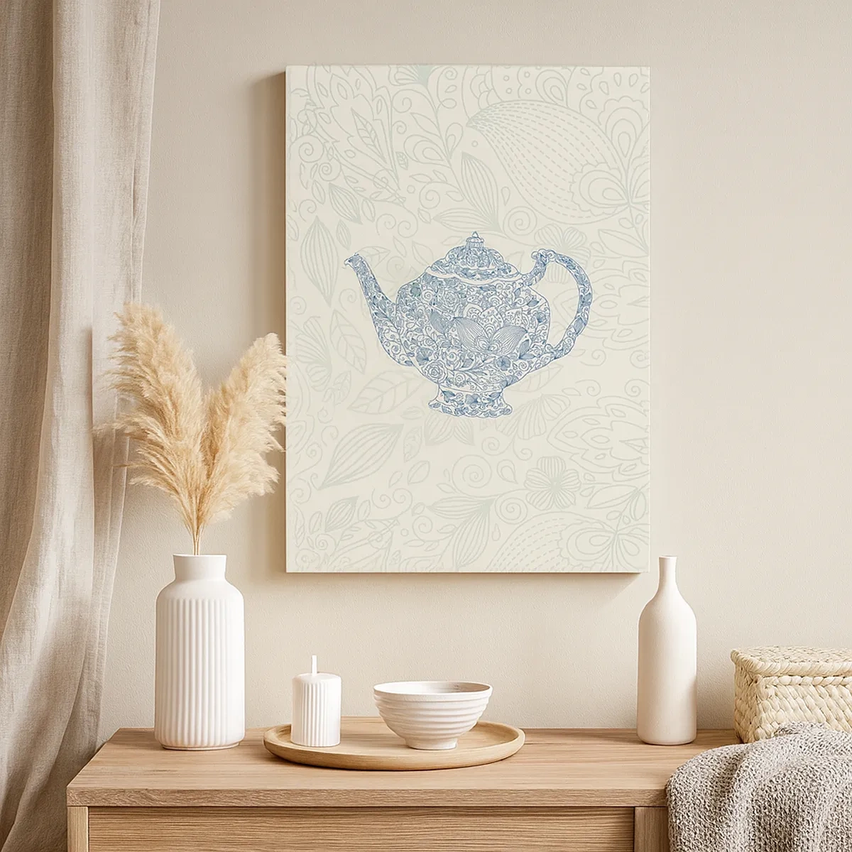 Impression sur toile - Image sur toile - Dessin décoratif d'une théière avec des ornements bleus - 50x70cm - Le charme du thé - Décoration murale moderne pour le salon et la chambre ARTTOR