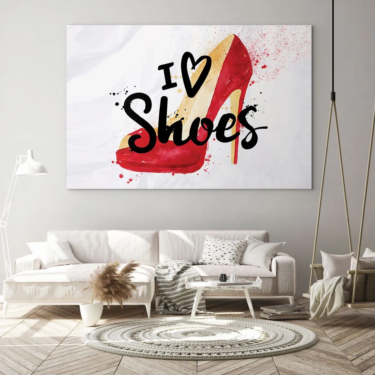 Impression sur verre - Image sur verre - Un talon haut rouge et les mots « J'aime les chaussures » sur un fond clair - 100x70cm - L'amour a plusieurs noms - Décoration murale moderne pour le salon et la chambre ARTTOR