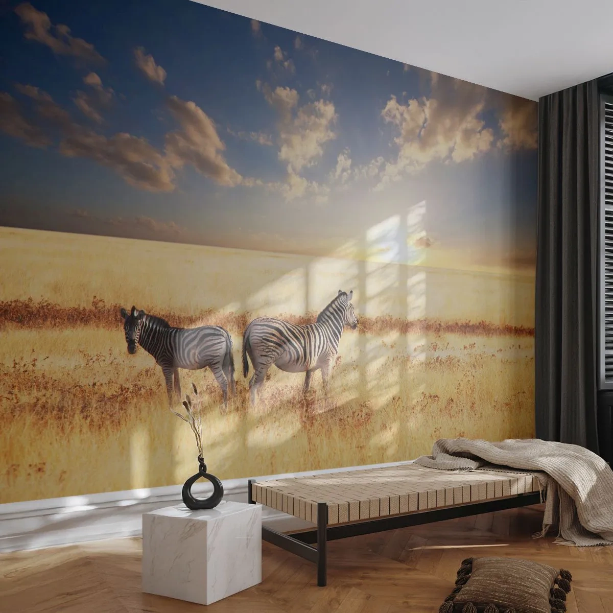 Papier Peint Photo Premium Sand - Deux zèbres dans la savane au coucher du soleil - 100x70cm - Va-t'en, n'ai pas de paix - Décoration murale moderne pour le salon et la chambre ARTTOR