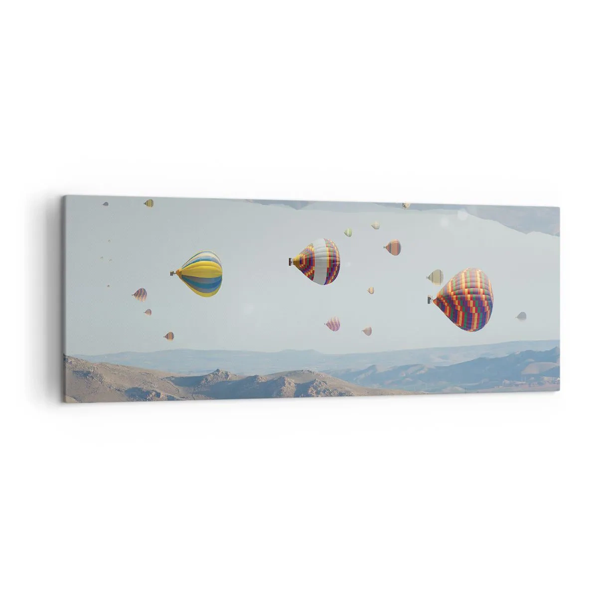 Impression sur toile - Image sur toile - Ballons colorés au-dessus d'un paysage rocheux - 140x50cm - Ici, tout est possible - Décoration murale moderne pour le salon et la chambre ARTTOR