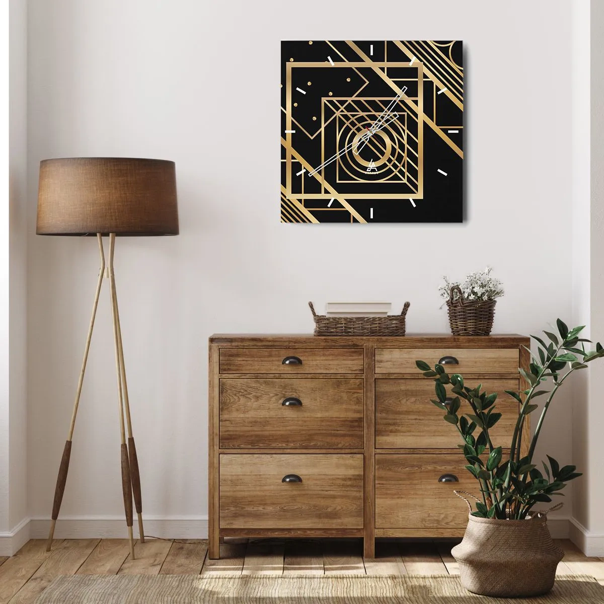Horloge murale - Pendule murale - Motifs géométriques dorés sur fond noir - 30x30cm - Géométrie en or - Décoration murale moderne pour le salon et la chambre ARTTOR