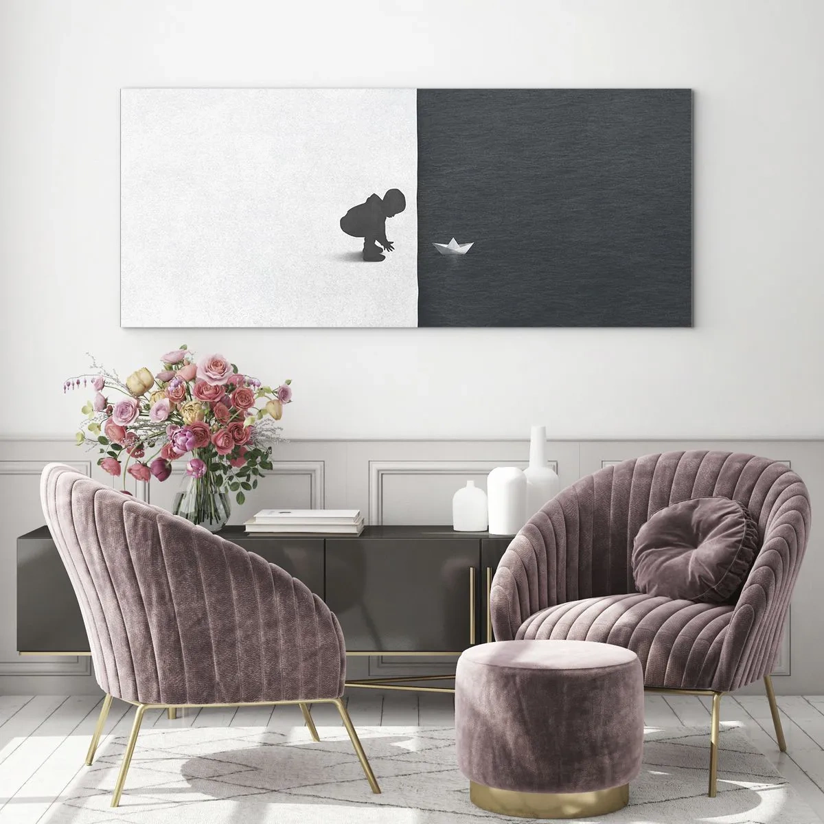 Impression sur verre - Image sur verre - Une figure d'enfant avec un bateau en papier sur un fond de moitiés contrastées - 160x50cm - Grande expédition - Décoration murale moderne pour le salon et la chambre ARTTOR