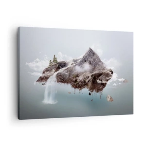Impression sur toile - Image sur toile - Une montagne surréaliste flottant dans les nuages avec une cascade - 70x50cm - L'oeil du surréaliste - Décoration murale moderne pour le salon et la chambre ARTTOR