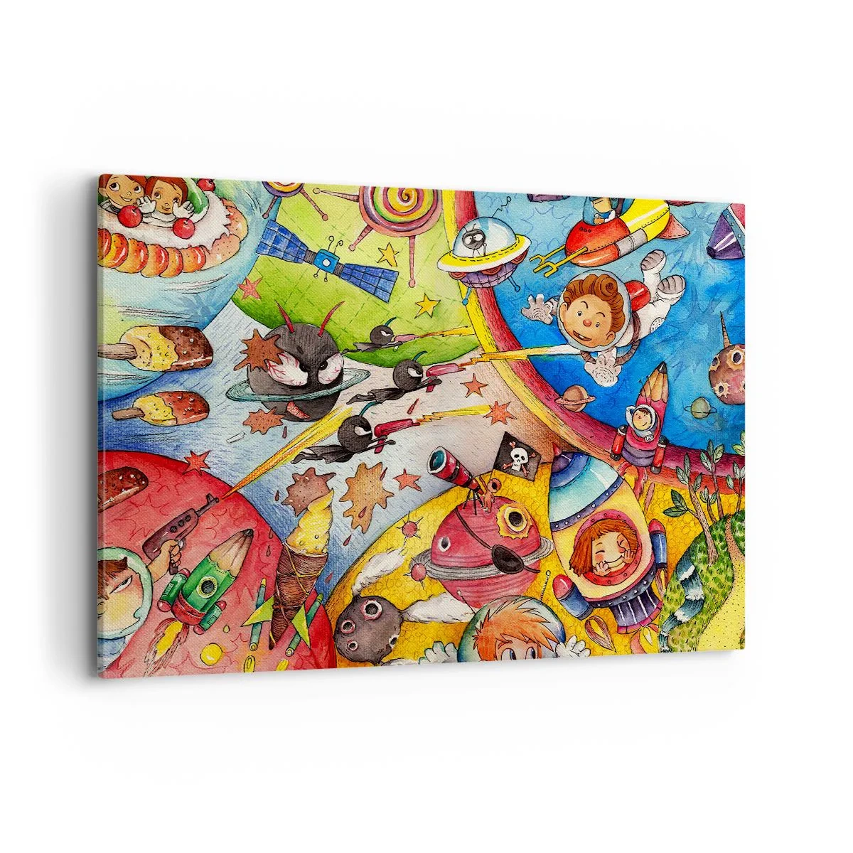 Impression sur toile - Image sur toile - Une scène spatiale colorée pleine d'enfants et de vaisseaux spatiaux - 120x80cm - Grande aventure spatiale - Décoration murale moderne pour le salon et la chambre ARTTOR