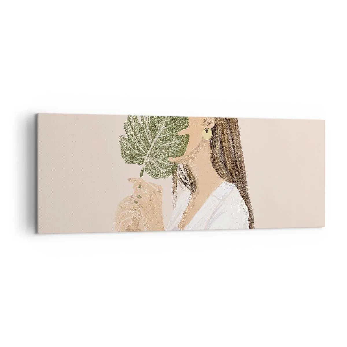 Impression sur toile - Image sur toile - Portrait d'une femme avec une feuille de monstera sur fond beige - 140x50cm - Portrait mystérieux avec un éventail - Décoration murale moderne pour le salon et la chambre ARTTOR