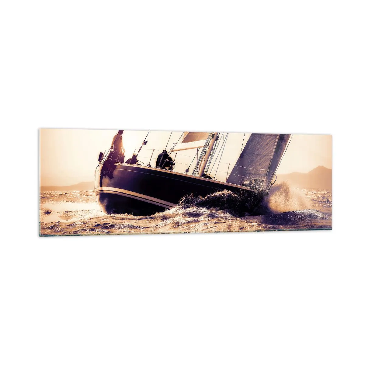 Impression sur verre - Image sur verre - Un yacht sur une mer agitée à la lumière du soleil couchant - 160x50cm - Navigue, marin - Décoration murale moderne pour le salon et la chambre ARTTOR