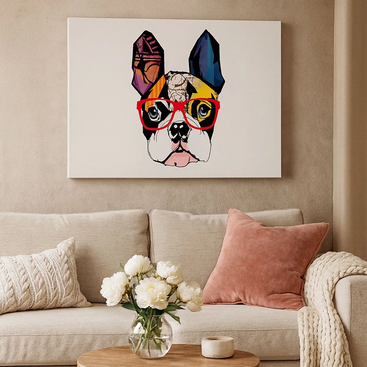 Impression sur toile - Image sur toile - Bouledogue dans une illustration colorée avec des lunettes rouges - 70x50cm - Intellectuel - Décoration murale moderne pour le salon et la chambre ARTTOR