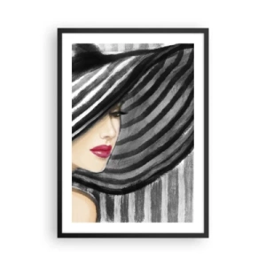 Affiche dans un cadre noir - Poster - Une femme avec un large chapeau et des lèvres rouges - 50x70cm - Où te chercher ? - Décoration murale moderne pour le salon et la chambre ARTTOR