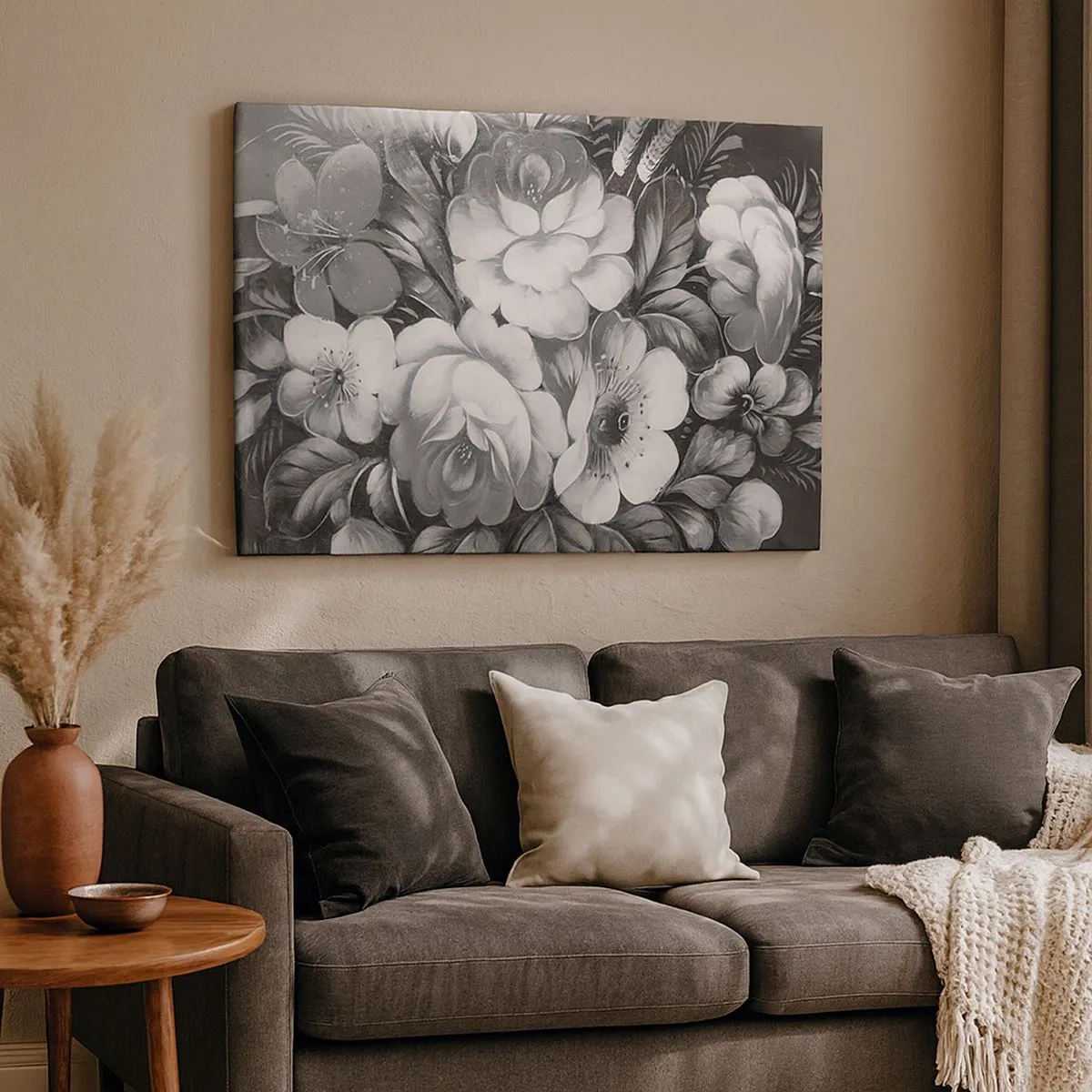 Impression sur toile - Image sur toile - Fleurs noires et blanches dans une composition classique et élégante - 70x50cm - Belle même en gris - Décoration murale moderne pour le salon et la chambre ARTTOR