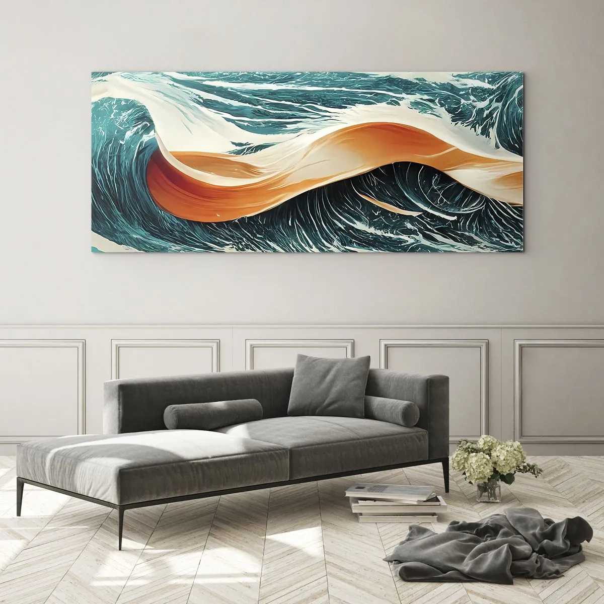 Impression sur verre - Image sur verre - Vagues de mer dynamiques avec ruban abstrait - 160x50cm - Le rêve d'un surfeur - Décoration murale moderne pour le salon et la chambre ARTTOR