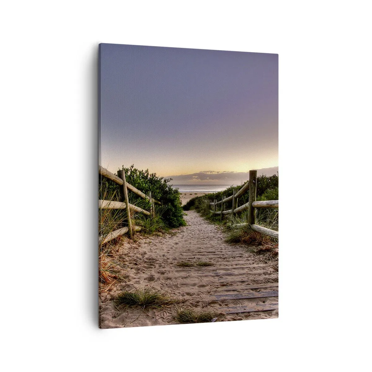 Impression sur toile - Image sur toile - Chemin en bois dans les dunes menant à la plage au coucher du soleil - 50x70cm - On voit déjà le but - Décoration murale moderne pour le salon et la chambre ARTTOR